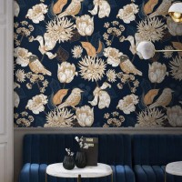 Dark floral wallpaper birds Chinoiserie style accent wall