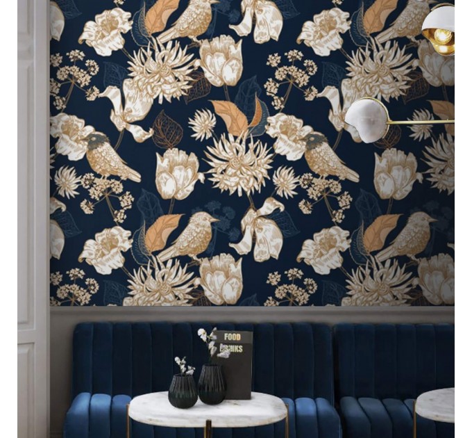 Dark floral wallpaper birds Chinoiserie style accent wall