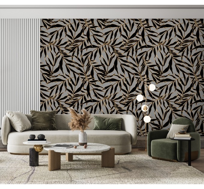 Dark wallpaper gold linear leaves non metallic