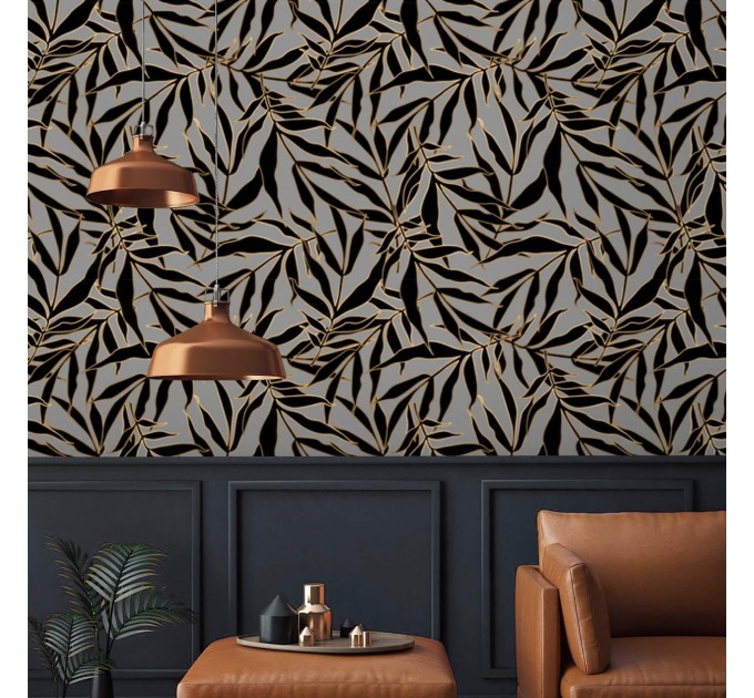 Dark wallpaper gold linear leaves non metallic