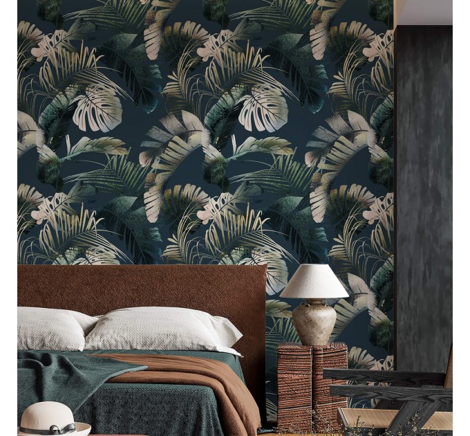 Dark palm leaves watercolor wallpaper tropical design