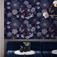 Dark purple floral wallpaper butterflies in a secret garden