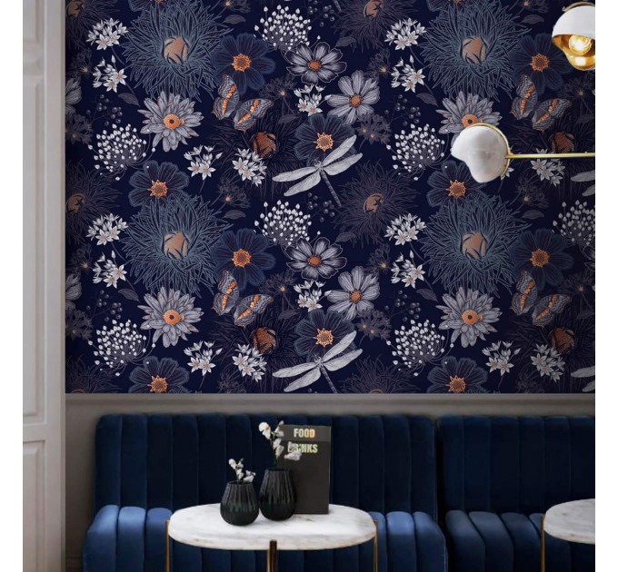 Dark purple floral wallpaper butterflies in a secret garden