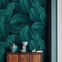 Dark blue teal wallpaper large leaves