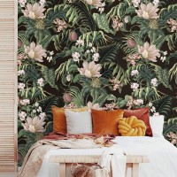 Dark tropical wallpaper Exotic flowers and palm leaves