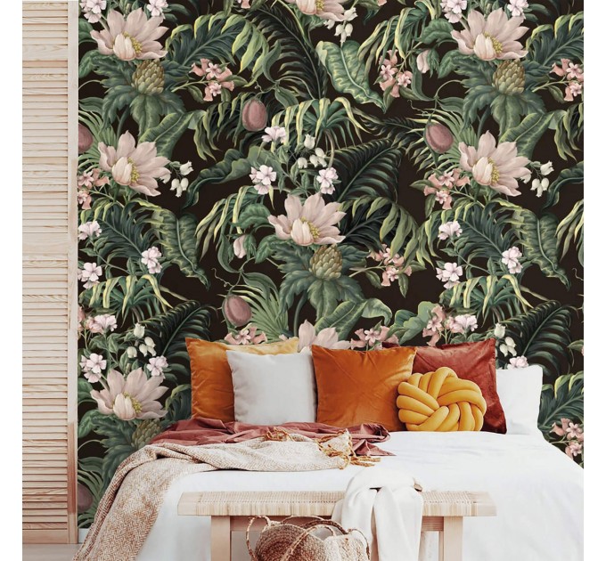 Dark tropical wallpaper Exotic flowers and palm leaves