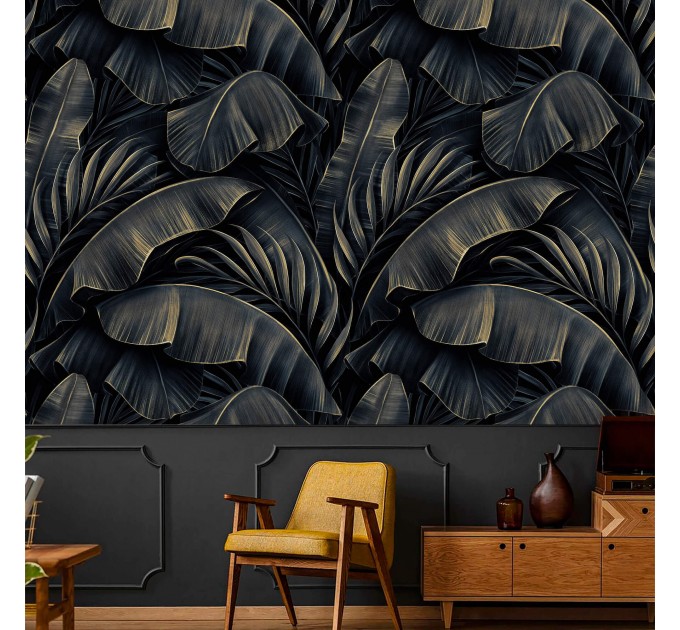 Dark tropical wallpaper large banana leaves