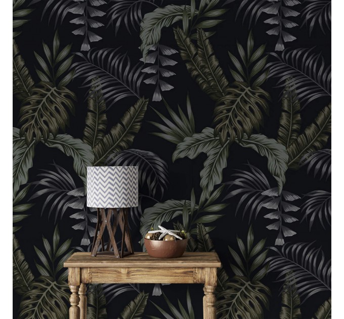 Dark moody tropical wallpaper leaves, dark academia style