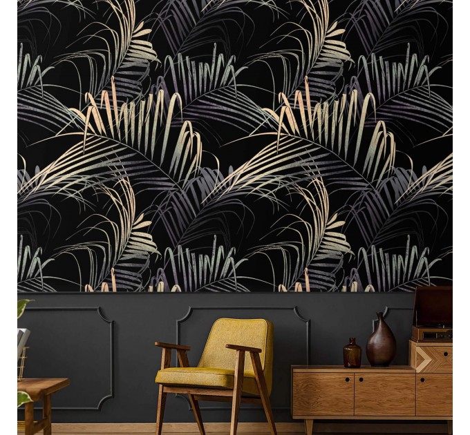 Exotic palm leaf wallpaper, moody tropical decor