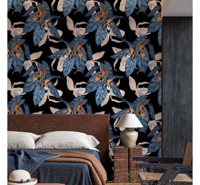 Dark wallpaper Large leaves dark blue