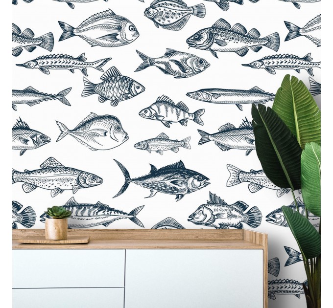 Fish wallpaper nautical marine accent wall covering
