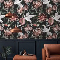 Floral wallpaper cranes Chinoiserie style wallpaper birds