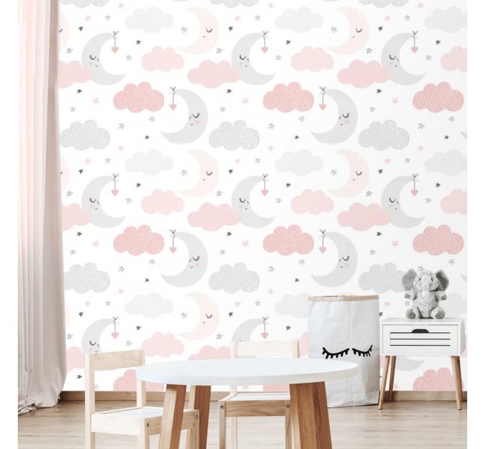 Girls nursery wallpaper stars clouds and moon