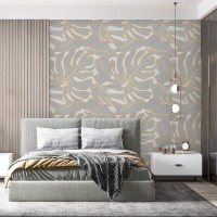 Luxury elegant wallpaper large gray gold leaves non metallic
