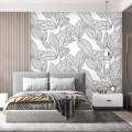Minimalist botanical wallpaper linear leaves black and white