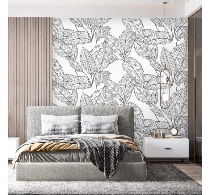 Minimalist botanical wallpaper linear leaves black and white