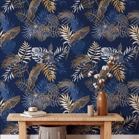 Tropical wallpaper blue gold palm leaves non metallic