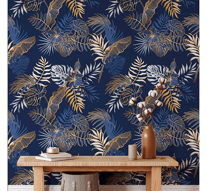 Tropical wallpaper blue gold palm leaves non metallic