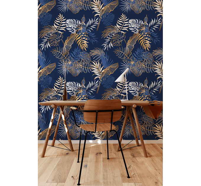 Tropical wallpaper blue gold palm leaves non metallic