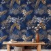Tropical wallpaper blue gold palm leaves non metallic