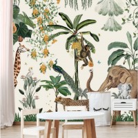 Tropical wallpaper mural jungle Safari animals accent wall mural