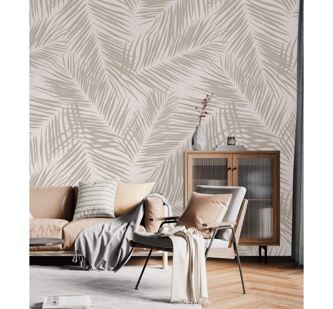 Tropical wallpaper neutral beige palm leaves