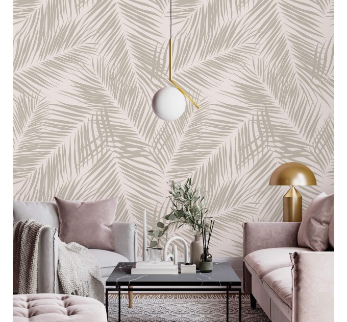 Tropical wallpaper neutral beige palm leaves