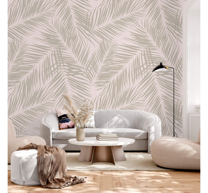 Tropical wallpaper neutral beige palm leaves