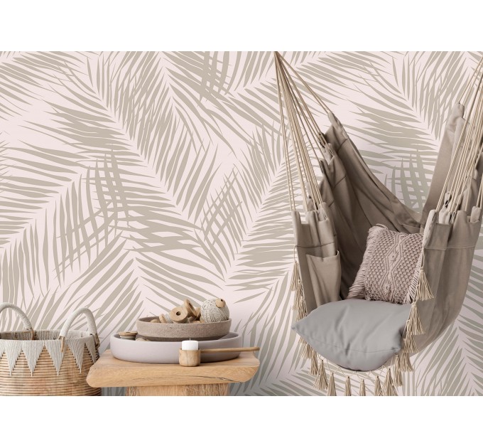 Tropical wallpaper neutral beige palm leaves