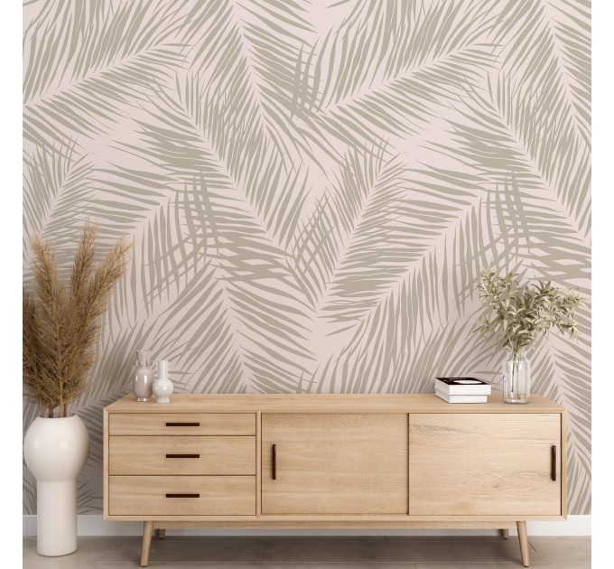 Tropical wallpaper neutral beige palm leaves