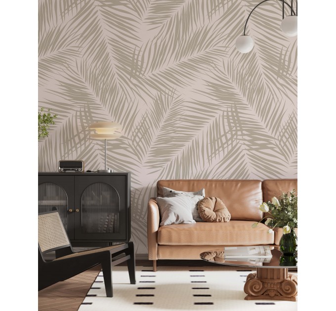 Tropical wallpaper neutral beige palm leaves