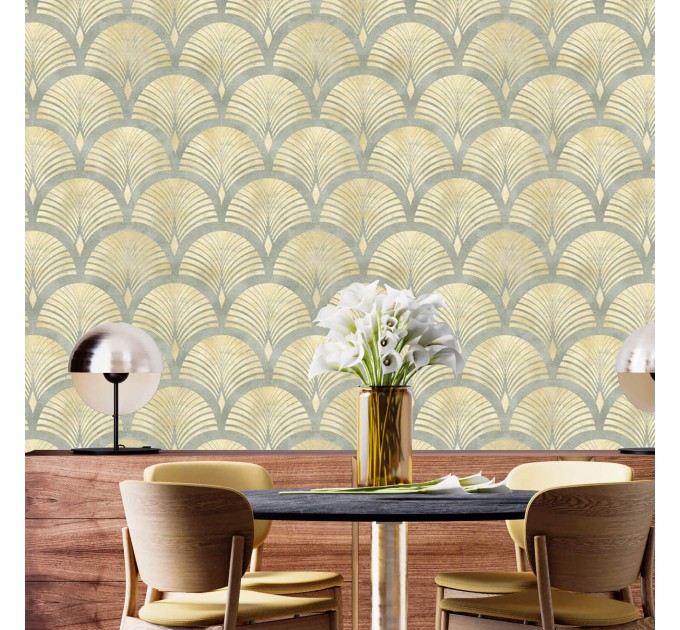 Vintage art deco wallpaper gold non metallic watercolor fans