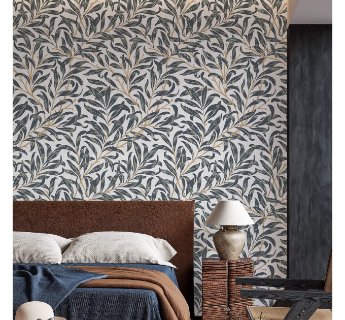 Wallpaper botanical leaves, vintage William Morris style