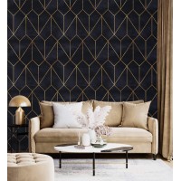 Geometric art deco wallpaper, black gold non metallic decor