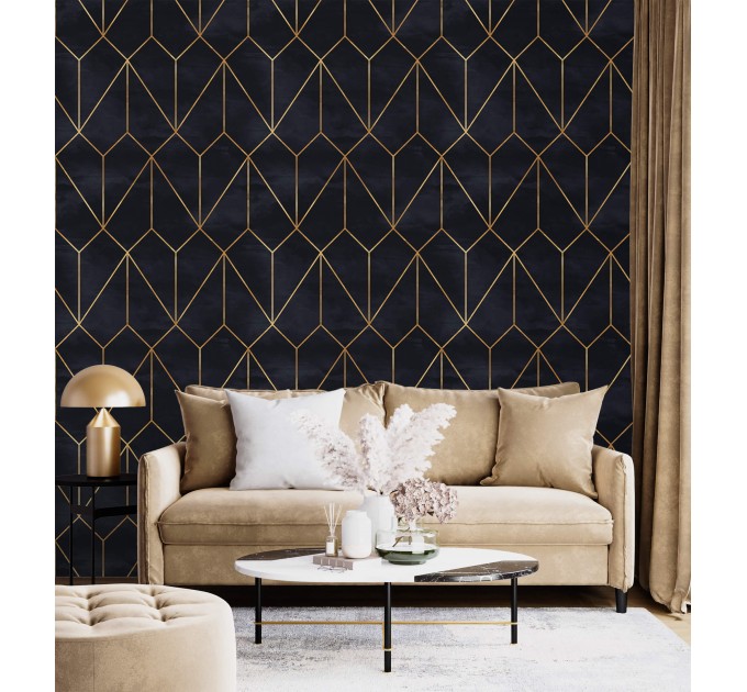 Geometric art deco wallpaper, black gold non metallic decor