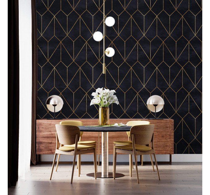 Geometric art deco wallpaper, black gold non metallic decor