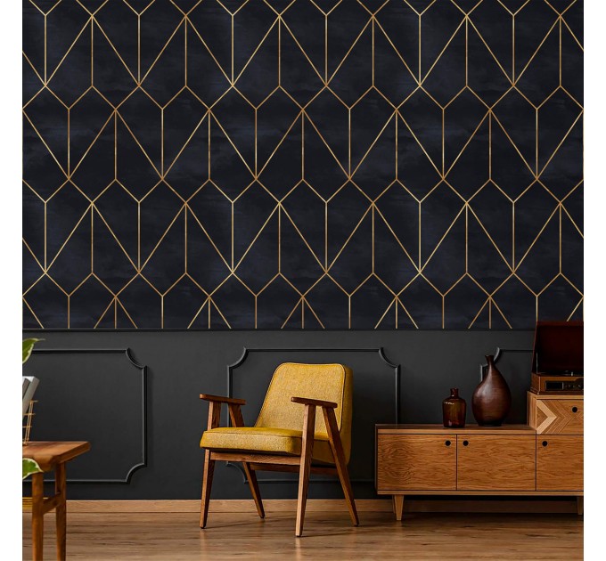 Geometric art deco wallpaper, black gold non metallic decor