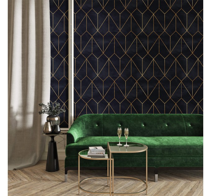 Geometric art deco wallpaper, black gold non metallic decor