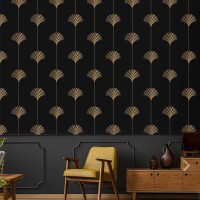 Art deco wallpaper fans black and gold non metallic wall covering