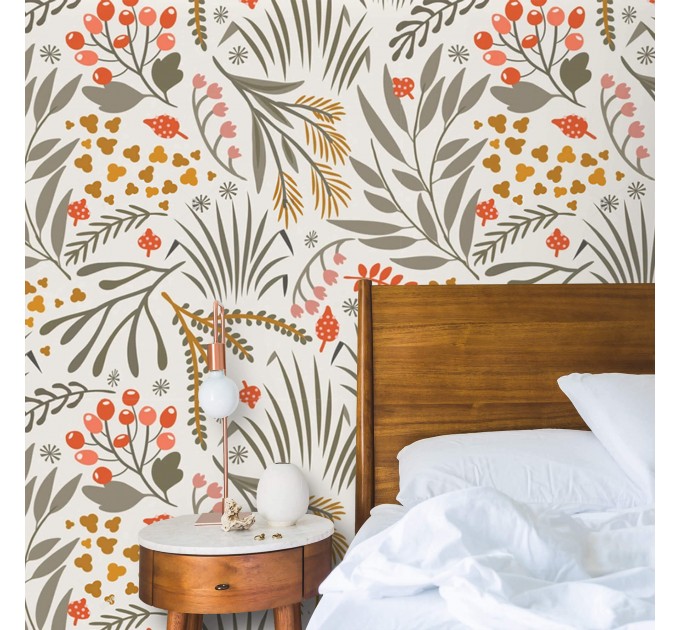 Scandinavian botanical wallpaper with floral & leaf pattern