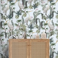 Botanical wallpaper with cranes Chinoiserie wall covering