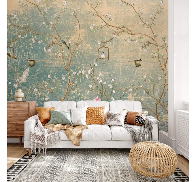 Chinoiserie floral wallpaper mural with birds, vintage style
