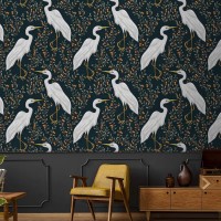 Dark botanical wallpaper with birds, herons pattern