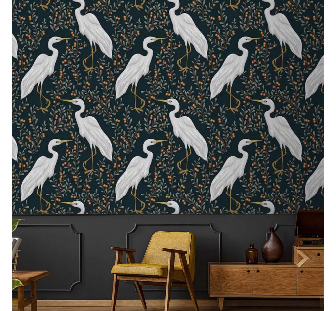 Dark botanical wallpaper with birds, herons pattern