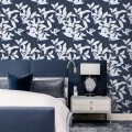 Dark botanical wallpaper white leaves on navy blue