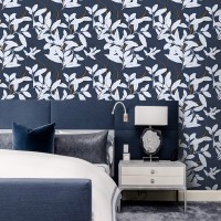 Dark botanical wallpaper white leaves on navy blue