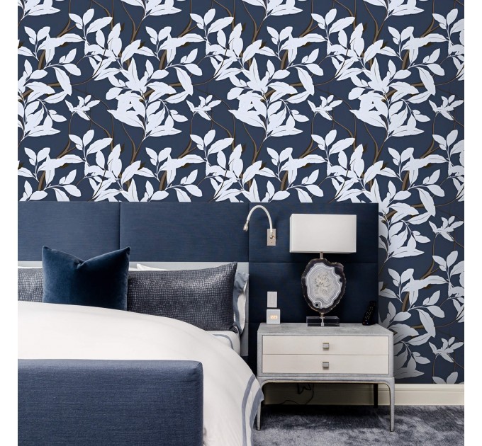 Dark botanical wallpaper white leaves on navy blue
