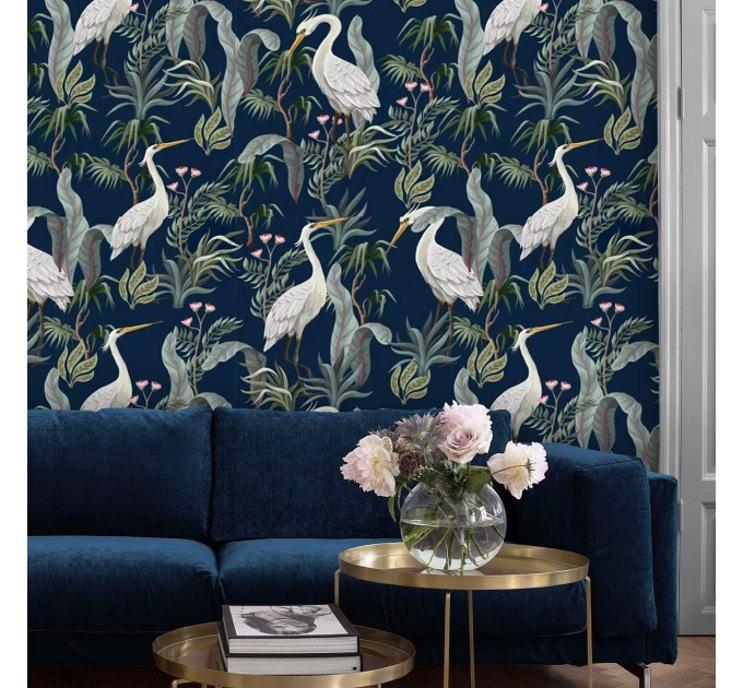Elegant crane wallpaper – Botanical wall covering in blue