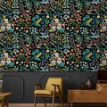 Dark floral wallpaper botanical, leaves flowers and herbs