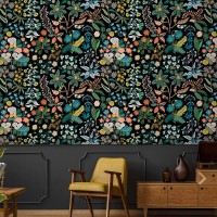 Dark floral wallpaper botanical, leaves flowers and herbs